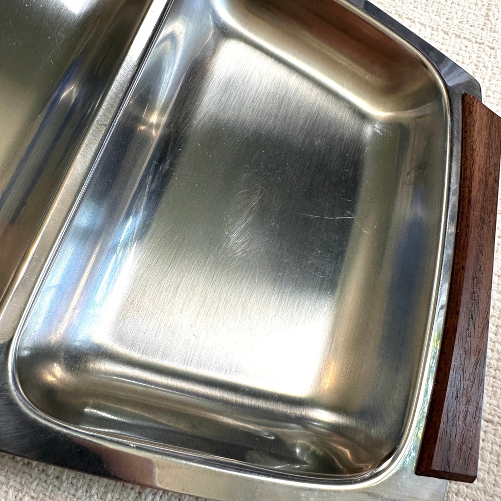 VTG 60s MCM Stainless Steel Divided Serving Tray Wood Handles KH Hong Kong 12.5" - Picture 5 of 9
